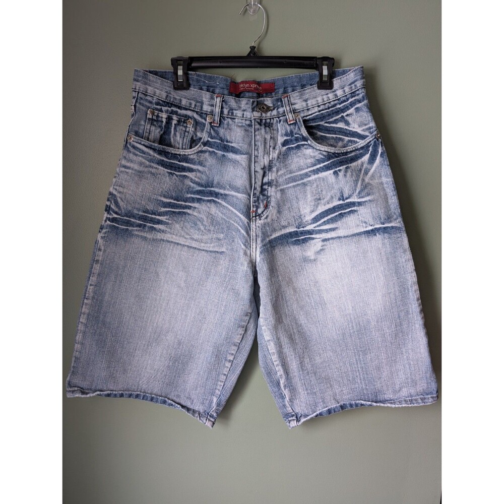 BKLYN Xpress Mens Sz 36 Denim Jean Shorts Acid Wash Distressed Baggy Hip Hop Y2K